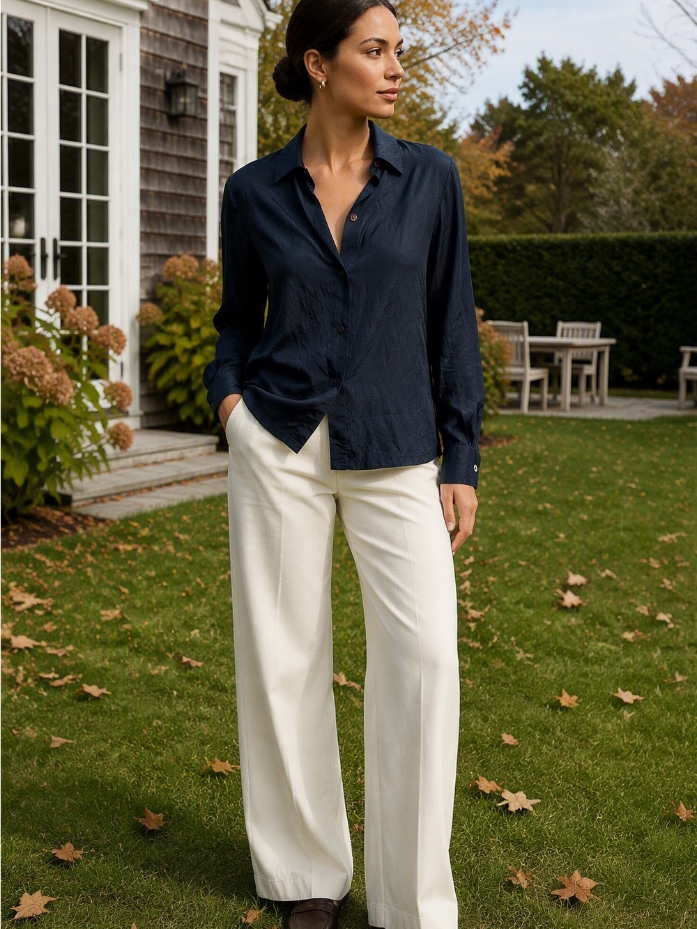 Josephine Chaus Navy 100% silk Button Blouse Vintage Sz 4